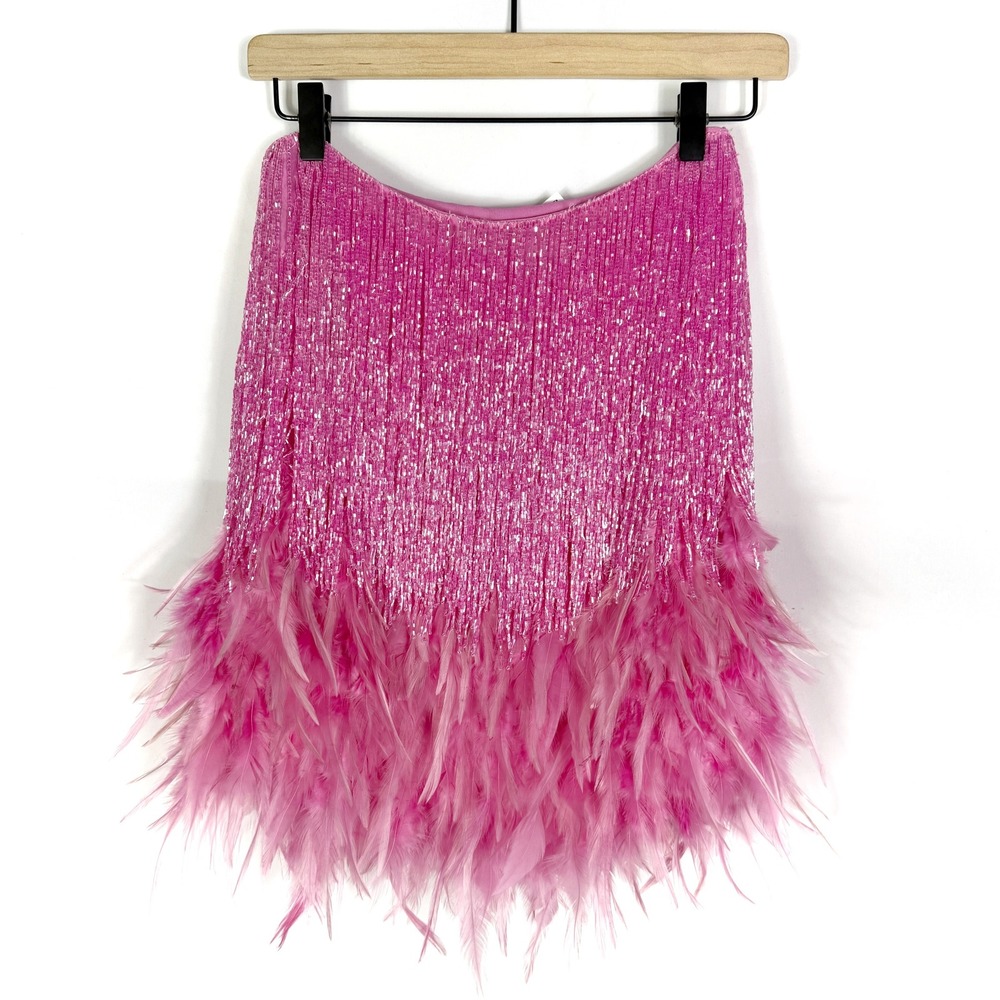 Nadine Merabi Sara Mini Skirt Pink Beaded Fringe Feather Trim Women Sz S/M - Picture 5 of 12